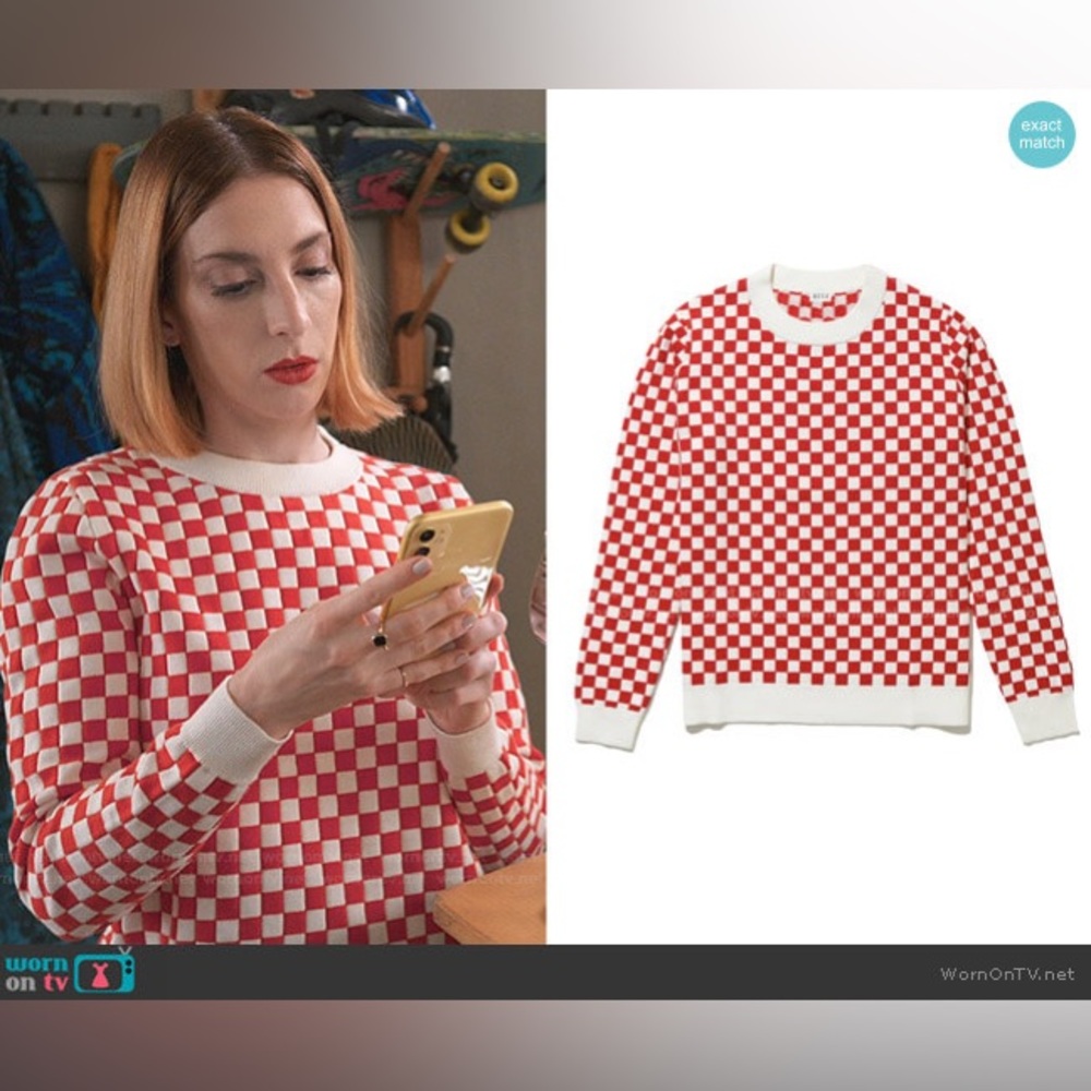 KULE Check Mate Checkered Pullover Sweater Red White Cotton Silk Blend Size XS